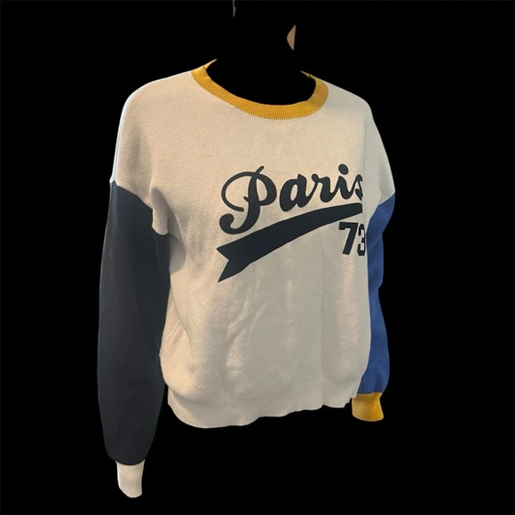 Forever 21 Paris 73 Colorblock Sweater White/Blue/Yellow – Size M - Picture 2 of 3
